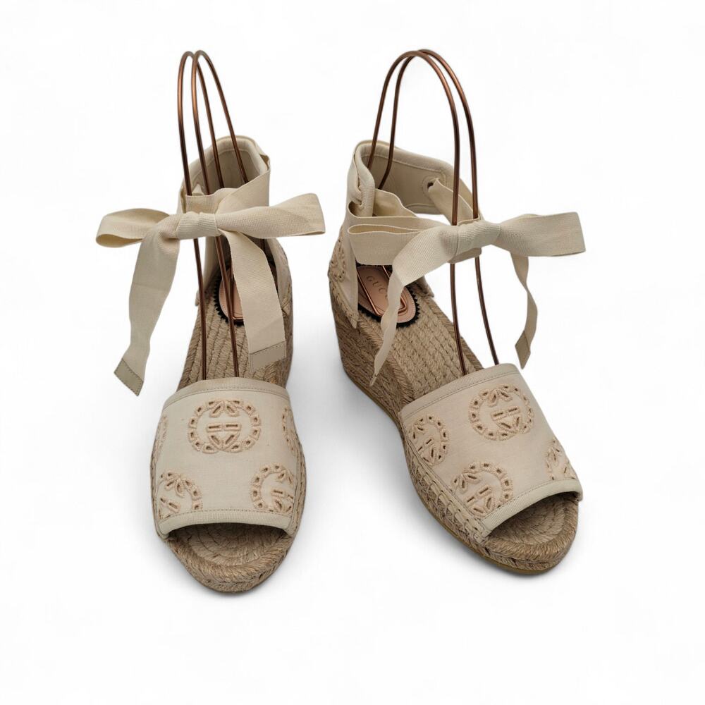 Gucci GG Espadrille Wedge Sandal Eyelet Canvas Ankle Tie White Size 37 US 7